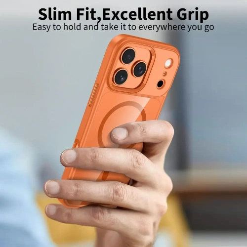 Etui w kolorze pomarańczowym zamontowane na iPhone 17 Pro Max.