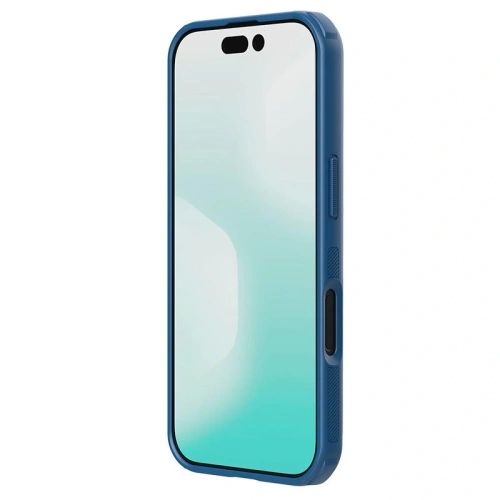 Niebieskie etui Nillkin Super Shield Pro na stole, obok akcesoriów do telefonu.