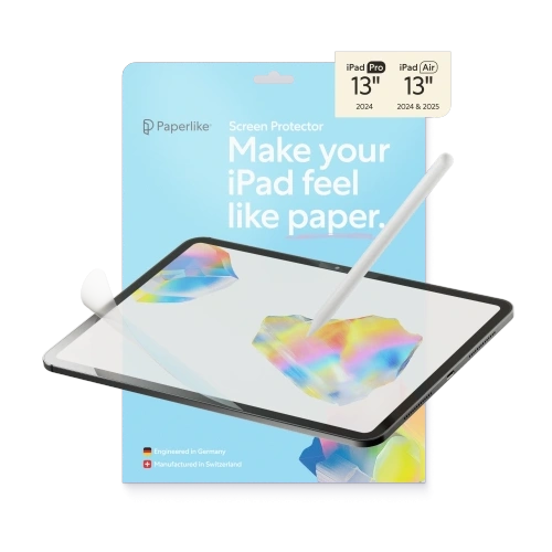 Folia ochronna Paperlike 3.0 na iPad Pro 13", pokazująca teksturę imitującą papier oraz zestaw do aplikacji.