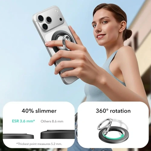 Uchwyt ESR w użyciu, trzymający telefon w stabilnej pozycji na biurku.