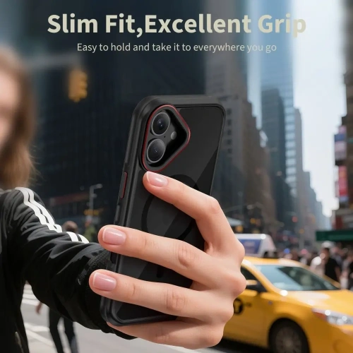 Etui Tech-Protect MagHybrid w kolorze czarnym i czerwonym, leżące na stole.