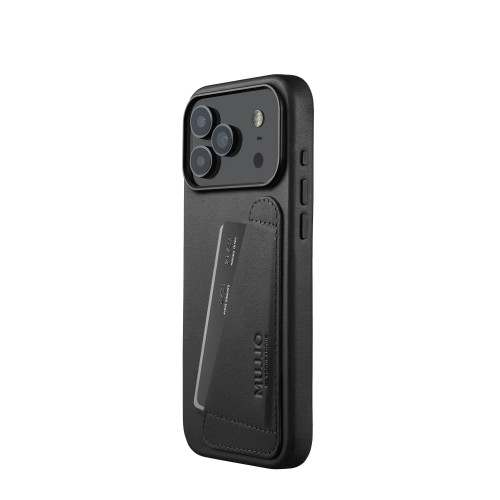 Etui Mujjo Wallet Leather Case w kolorze czarnym, idealnie dopasowane do Apple iPhone 17 Pro Max.